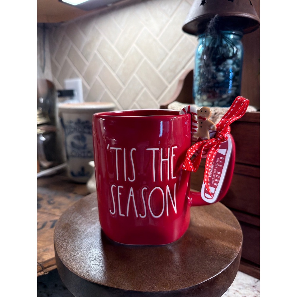Rae Dunn 'TIS THE SEASON Red Christmas Mug 3D Gingerbread Candy Cane